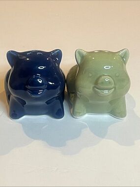 Ceramic Pig Salt and Pepper Shaker Set - Navy and Sage